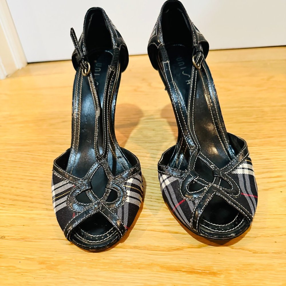 Unisa Black Tartan Plaid & Leather Front Cross-Over Slip-on Heels, Size 7.5
